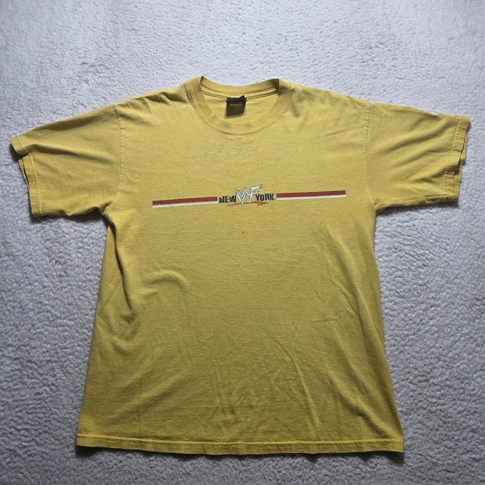 WWF New York Vintage 2001 Yellow T Shirt Size Large Faded Distressed Made In USA